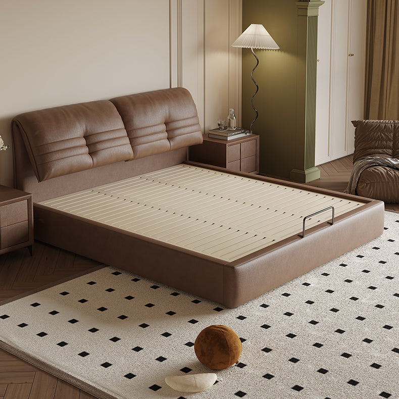 【ベッド】パイン材フレーム&ダウン+シリコンフィルクッション、豪華本革&合成皮革ファブリック、耐久多層板構造 hmzsh-1543