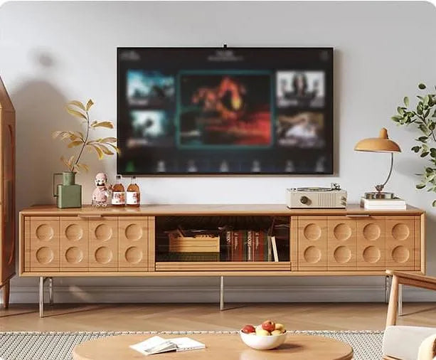 高級感溢れるテレビ台:ケヤキ×強化ガラス×ステンレスの美しいデザイン hns-4116