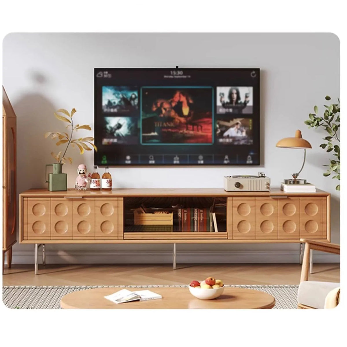 高級感溢れるテレビ台:ケヤキ×強化ガラス×ステンレスの美しいデザイン hns-4116