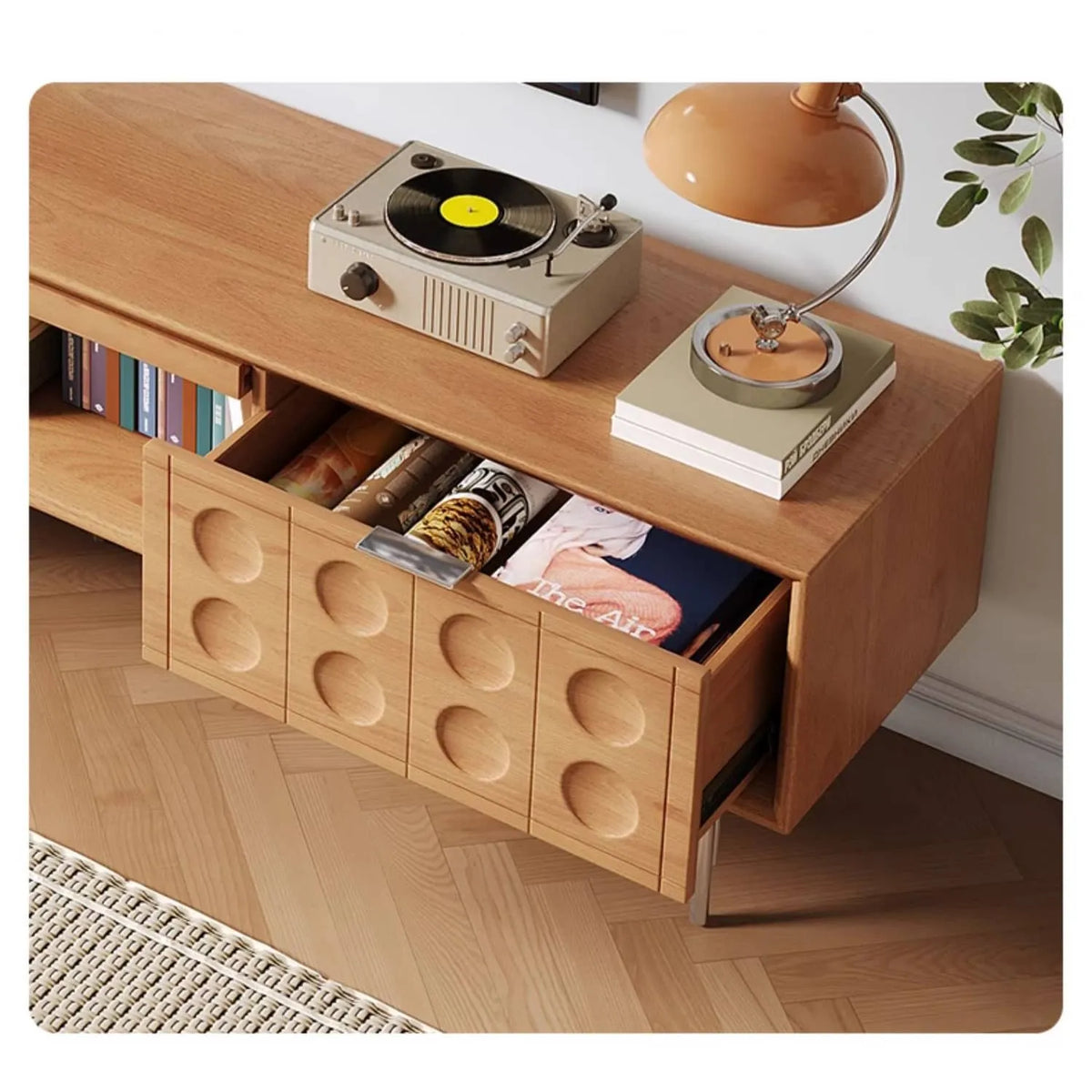 高級感溢れるテレビ台:ケヤキ×強化ガラス×ステンレスの美しいデザイン hns-4116