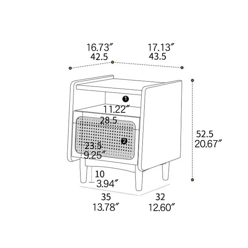 アッシュ材とケヤキのスタイリッシュナイトテーブル - ガラス&ラタンの魅力的デザイン hns-4120