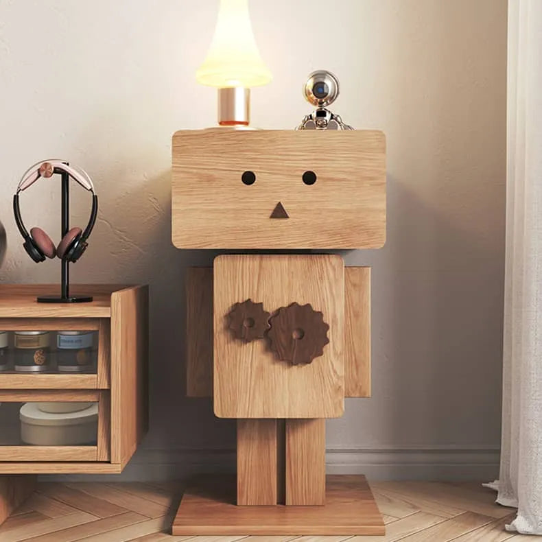 ロボット風の可愛いフォルムが目を引く、木目調×カラーブロックのキャビネット|リビングや寝室に馴染む収納力抜群の一台 hns-4123