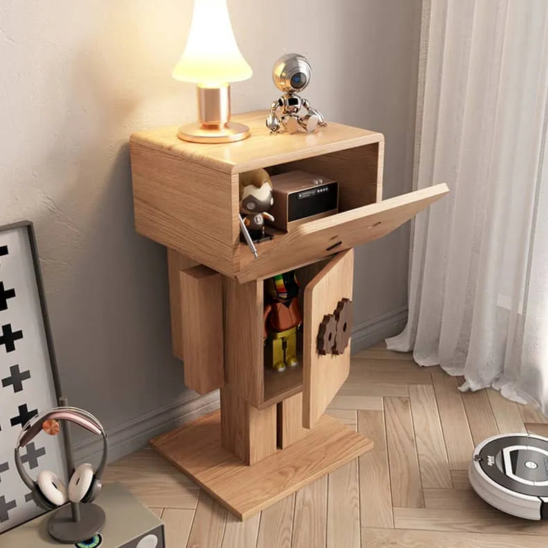 ロボット風の可愛いフォルムが目を引く、木目調×カラーブロックのキャビネット|リビングや寝室に馴染む収納力抜群の一台 hns-4123