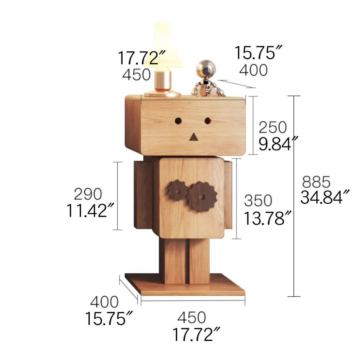 ロボット風の可愛いフォルムが目を引く、木目調×カラーブロックのキャビネット|リビングや寝室に馴染む収納力抜群の一台 hns-4123