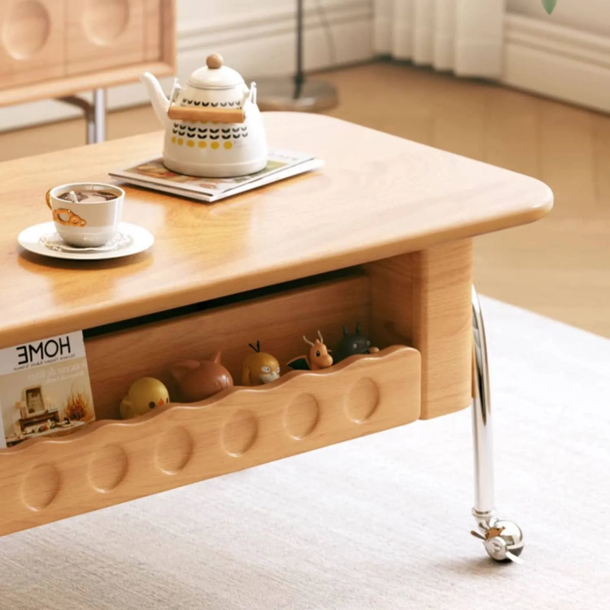 ケヤキとステンレスのモダンセンターテーブル|おしゃれな収納スペース付き hns-4128