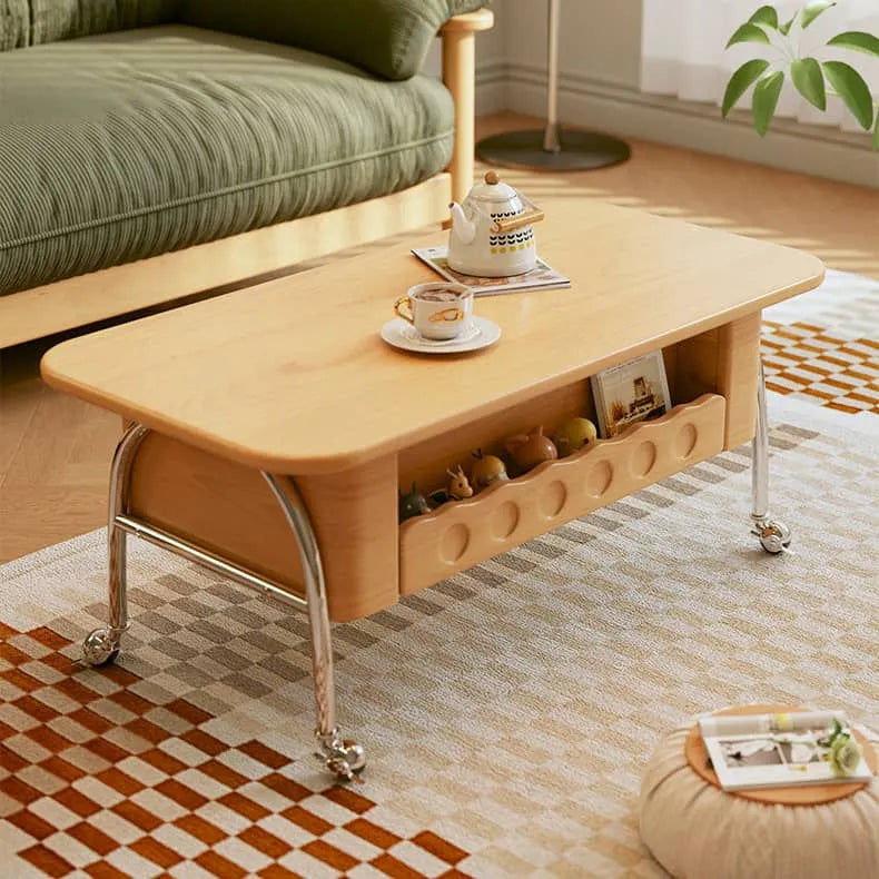 ケヤキとステンレスのモダンセンターテーブル|おしゃれな収納スペース付き hns-4128