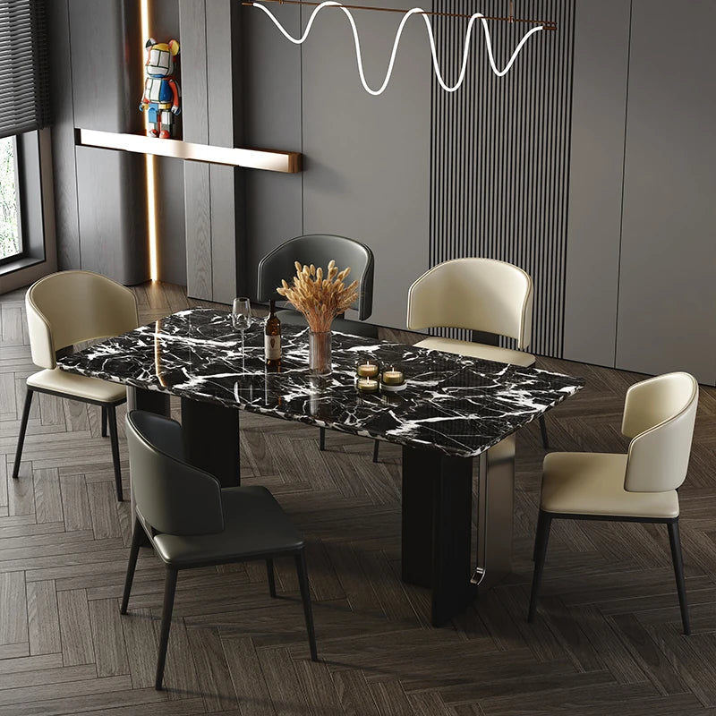 スタイリッシュ大理石テーブル|ステンレス脚&多層板デザイン|モダンインテリアに最適なダイニングテーブル hny-5230