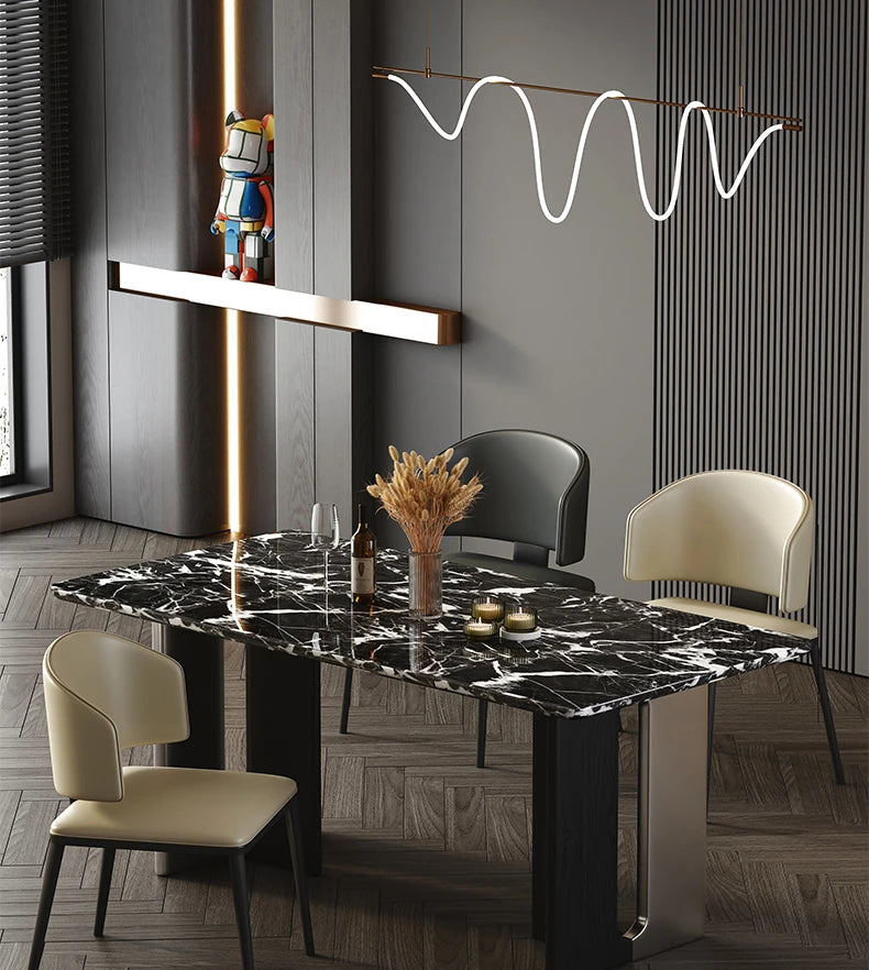 スタイリッシュ大理石テーブル|ステンレス脚&多層板デザイン|モダンインテリアに最適なダイニングテーブル hny-5230