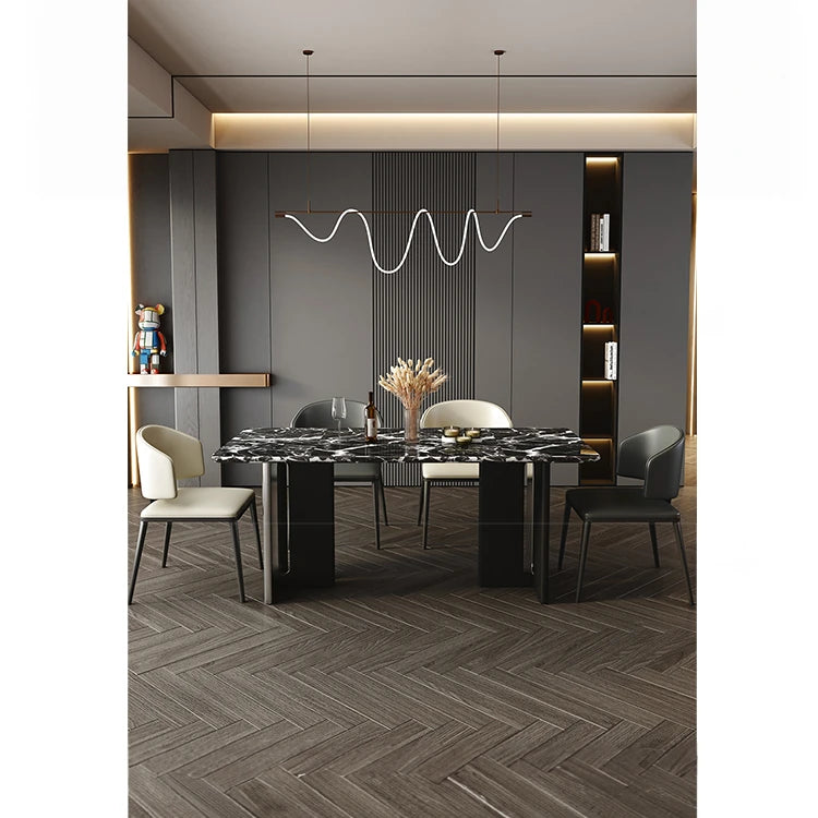 スタイリッシュ大理石テーブル|ステンレス脚&多層板デザイン|モダンインテリアに最適なダイニングテーブル hny-5230