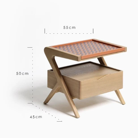 ナイトテーブル ニレ材製 おしゃれな合成皮革トレイ付き デザイン性抜群の収納家具 hrn-5265