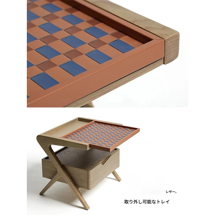 ナイトテーブル ニレ材製 おしゃれな合成皮革トレイ付き デザイン性抜群の収納家具 hrn-5265