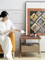 ナイトテーブル ニレ材製 おしゃれな合成皮革トレイ付き デザイン性抜群の収納家具 hrn-5265