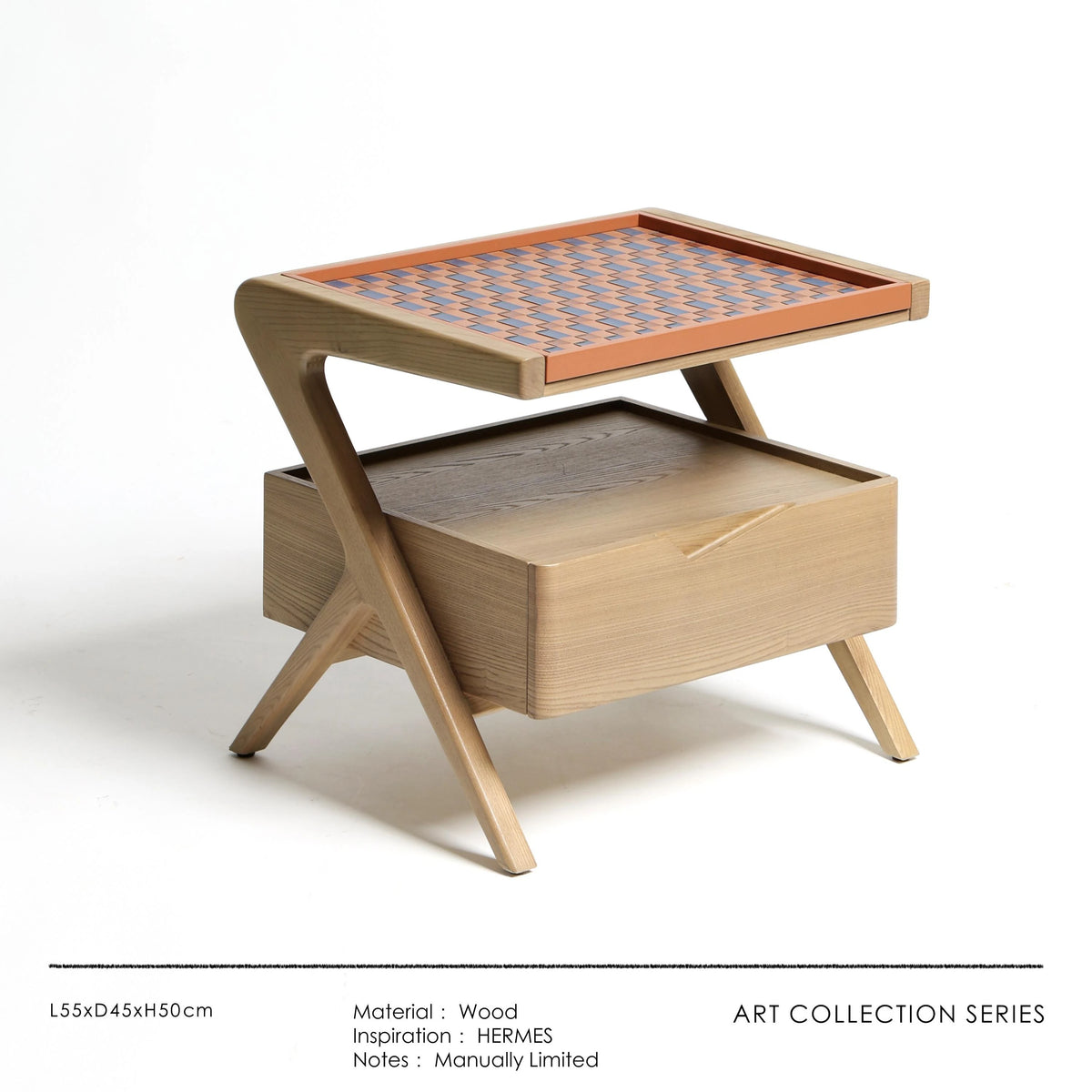 ナイトテーブル ニレ材製 おしゃれな合成皮革トレイ付き デザイン性抜群の収納家具 hrn-5265