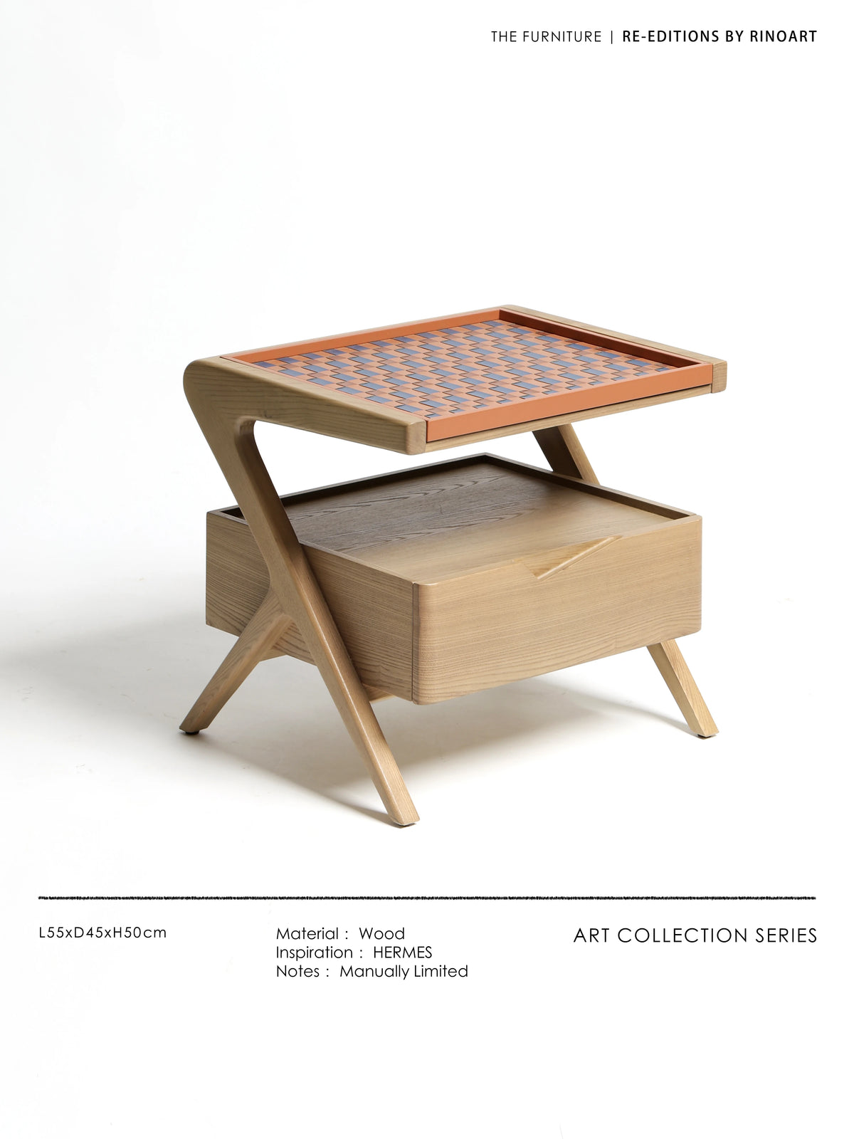 ナイトテーブル ニレ材製 おしゃれな合成皮革トレイ付き デザイン性抜群の収納家具 hrn-5265