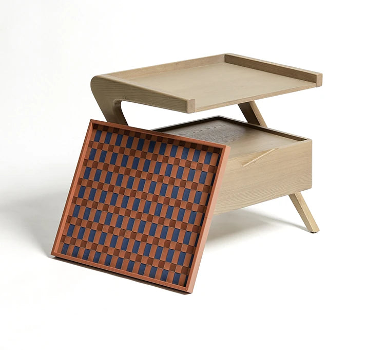 ナイトテーブル ニレ材製 おしゃれな合成皮革トレイ付き デザイン性抜群の収納家具 hrn-5265