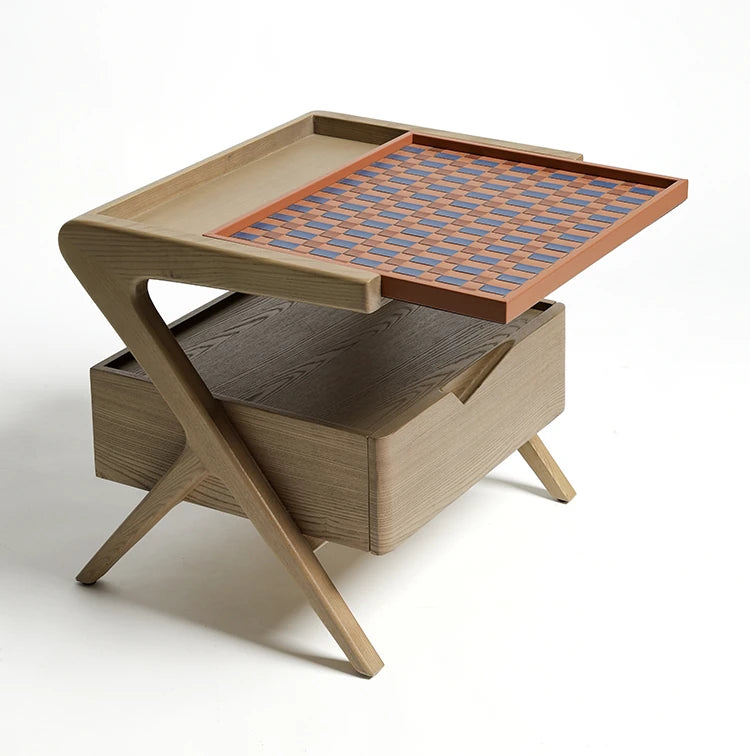 ナイトテーブル ニレ材製 おしゃれな合成皮革トレイ付き デザイン性抜群の収納家具 hrn-5265