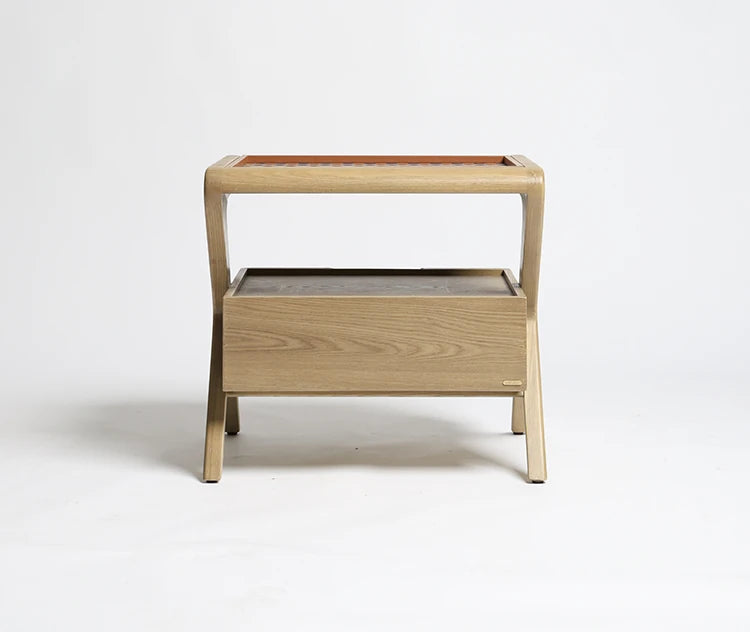 ナイトテーブル ニレ材製 おしゃれな合成皮革トレイ付き デザイン性抜群の収納家具 hrn-5265