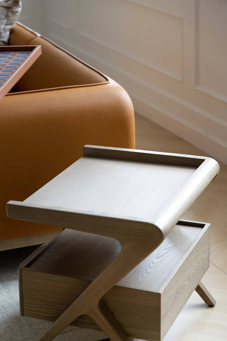 ナイトテーブル ニレ材製 おしゃれな合成皮革トレイ付き デザイン性抜群の収納家具 hrn-5265