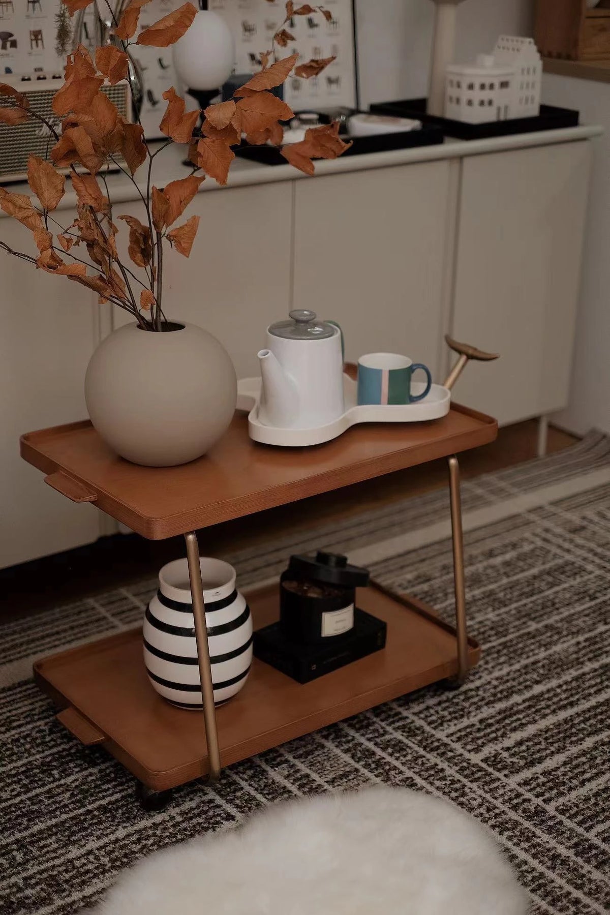 レトロな銅とオーク製カート | 中世リイシューシリーズ | おしゃれなインテリアトレイ hrn-5272