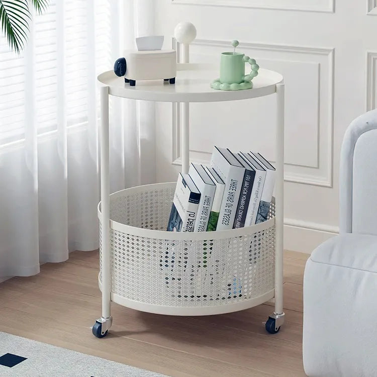 【移動らくらく】リビング&寝室にぴったり アイアンメッシュの2段収納サイドテーブル hsj-2257