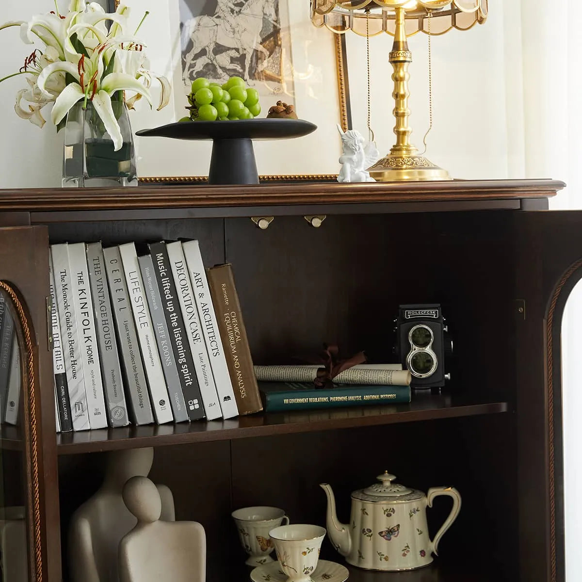 クラシックデザイン無垢材キャビネット|多層板と強化ガラス使用 hsmjx-4165