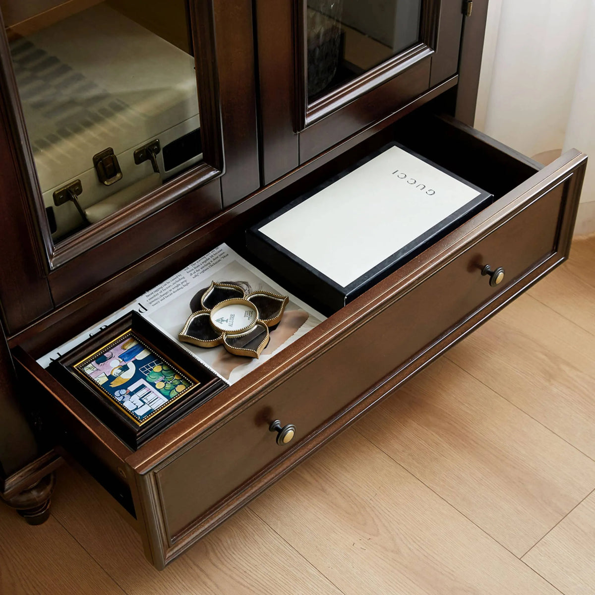 クラシックデザイン無垢材キャビネット|多層板と強化ガラス使用 hsmjx-4165