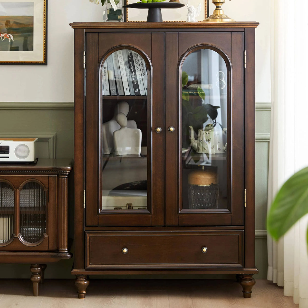 クラシックデザイン無垢材キャビネット|多層板と強化ガラス使用 hsmjx-4165