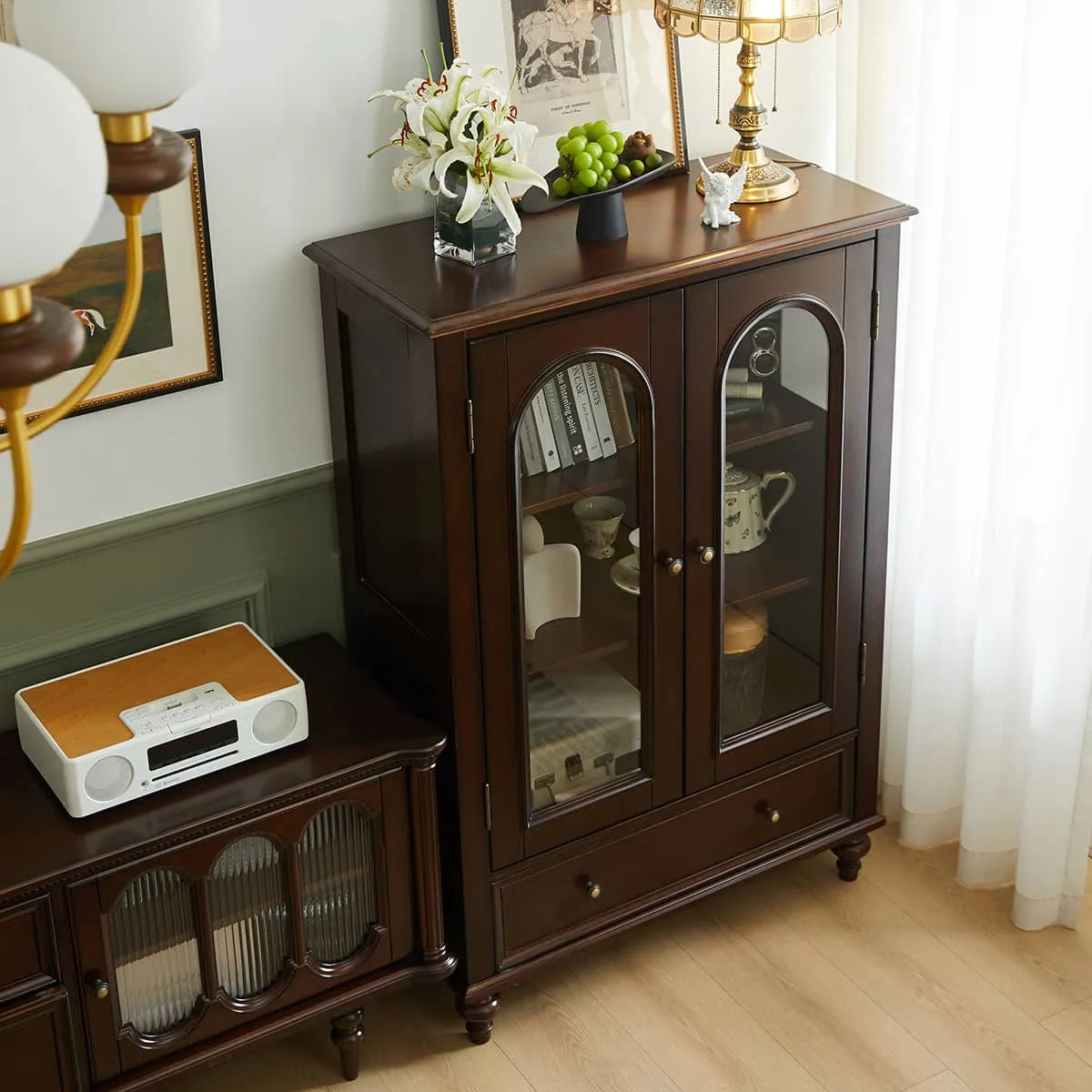 クラシックデザイン無垢材キャビネット|多層板と強化ガラス使用 hsmjx-4165