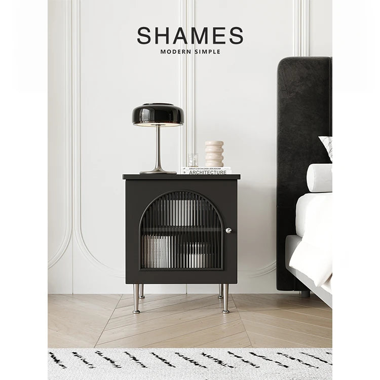 シンプルモダンナイトテーブル | 耐久性のある多層板・ステンレス・ガラス製 | リビングや寝室に最適な収納オプション hsms-4910