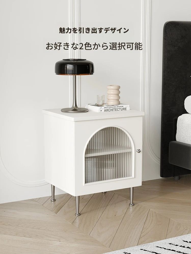 シンプルモダンナイトテーブル | 耐久性のある多層板・ステンレス・ガラス製 | リビングや寝室に最適な収納オプション hsms-4910