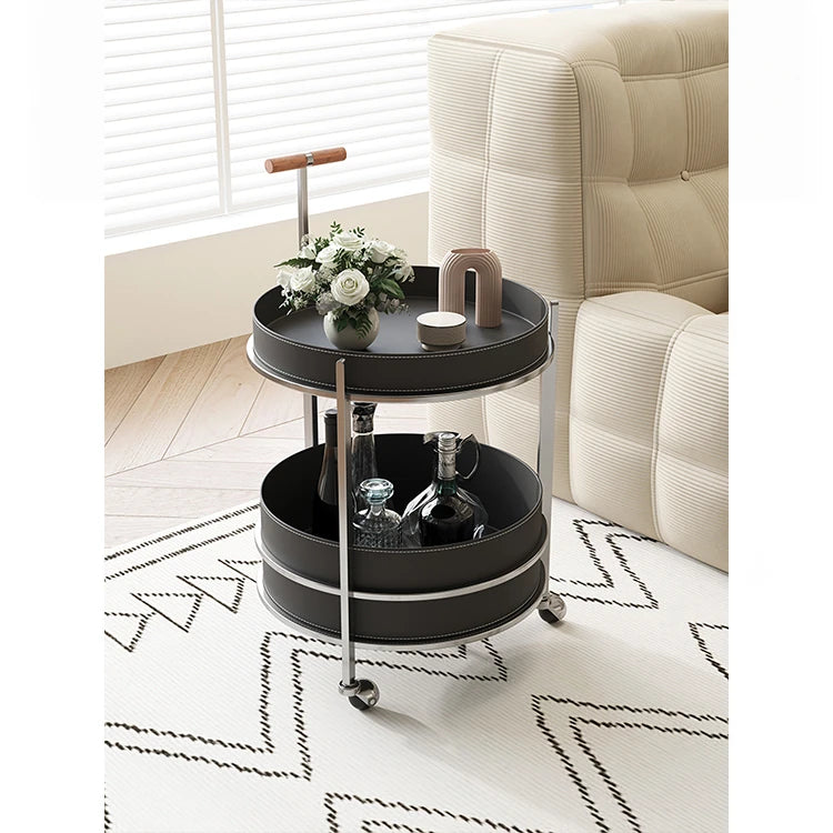 おしゃれな無垢材&ステンレス製カート - 合成皮革仕上げのお洒落なサービングバー hsms-4916