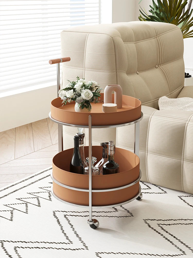 おしゃれな無垢材&ステンレス製カート - 合成皮革仕上げのお洒落なサービングバー hsms-4916