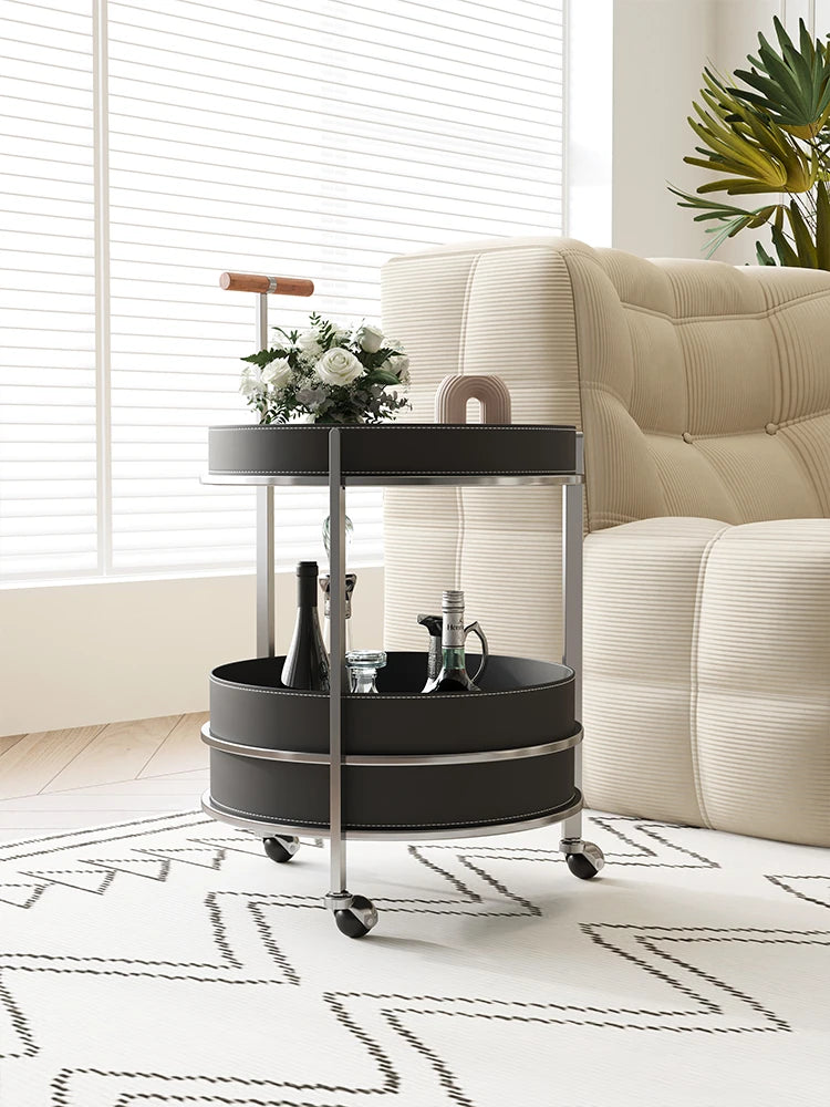 おしゃれな無垢材&ステンレス製カート - 合成皮革仕上げのお洒落なサービングバー hsms-4916