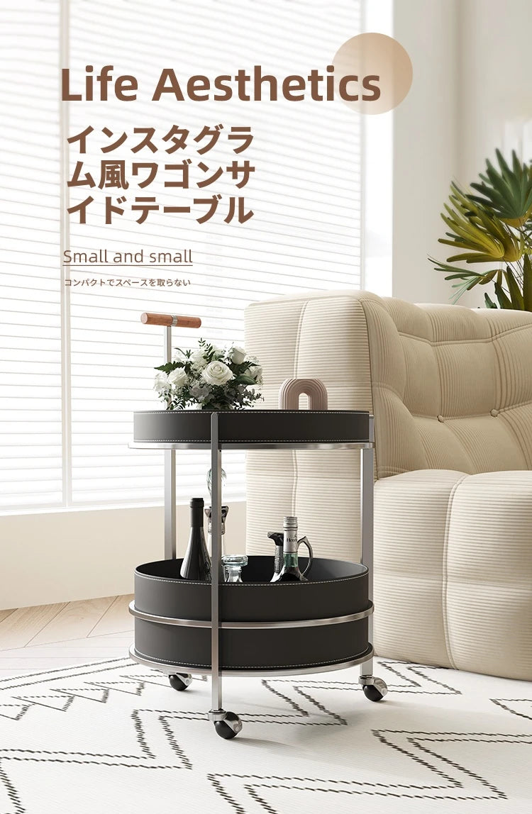 おしゃれな無垢材&ステンレス製カート - 合成皮革仕上げのお洒落なサービングバー hsms-4916