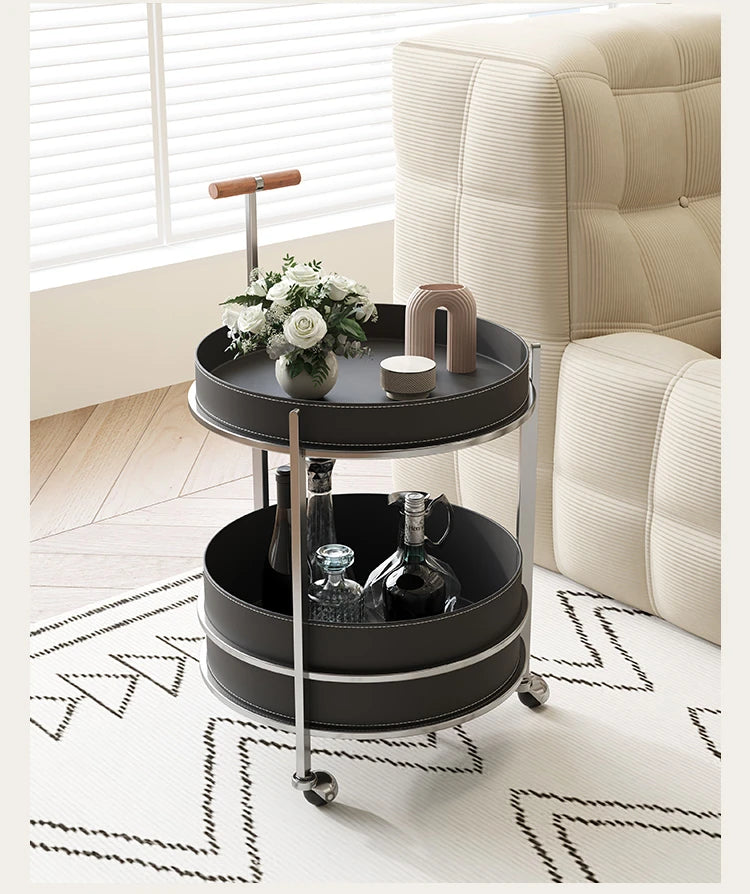 おしゃれな無垢材&ステンレス製カート - 合成皮革仕上げのお洒落なサービングバー hsms-4916