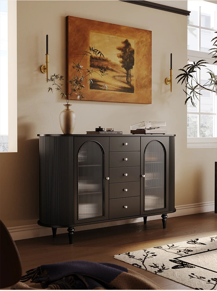 モダンデザインの無垢材キャビネット|ガラスとセラミックのエレガントな収納ラック hsms-4927