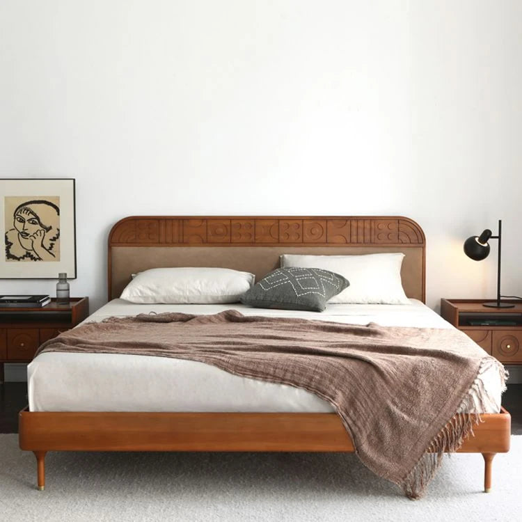 無垢材エアレザー使用モダンベッド|レッドサンダルウッド仕上げ|スタイリッシュで快適な寝室づくりに最適 hsxz-2156