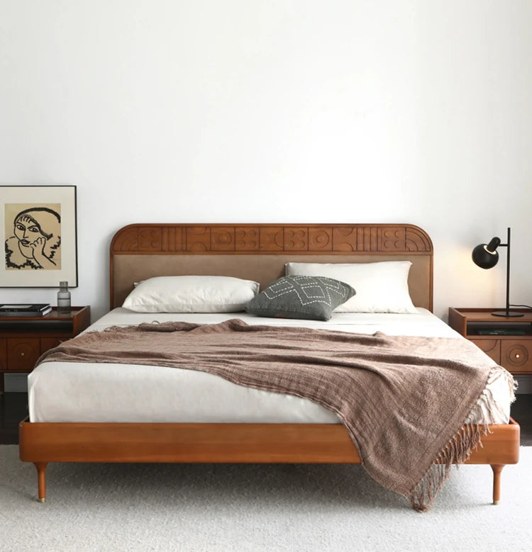 無垢材エアレザー使用モダンベッド|レッドサンダルウッド仕上げ|スタイリッシュで快適な寝室づくりに最適 hsxz-2156