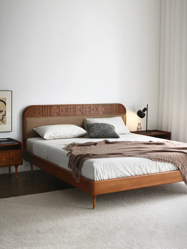 無垢材エアレザー使用モダンベッド|レッドサンダルウッド仕上げ|スタイリッシュで快適な寝室づくりに最適 hsxz-2156