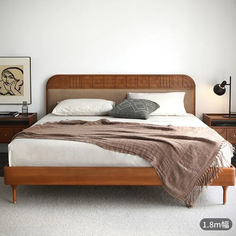 無垢材エアレザー使用モダンベッド|レッドサンダルウッド仕上げ|スタイリッシュで快適な寝室づくりに最適 hsxz-2156