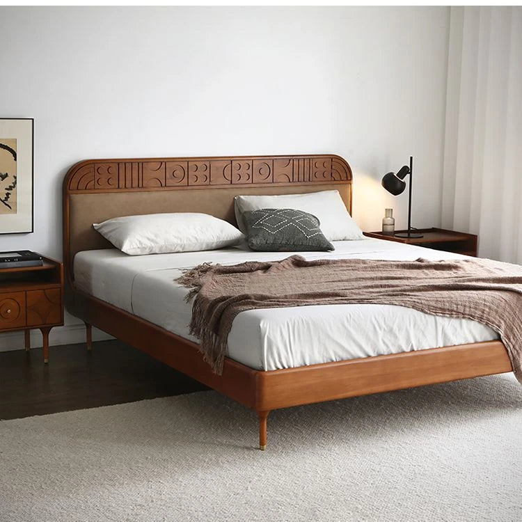 無垢材エアレザー使用モダンベッド|レッドサンダルウッド仕上げ|スタイリッシュで快適な寝室づくりに最適 hsxz-2156