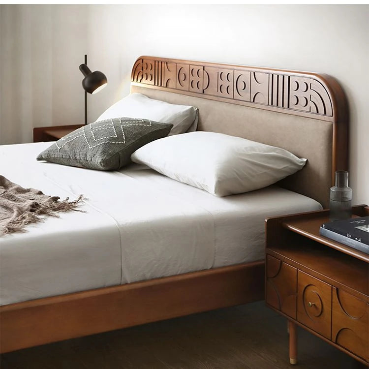 無垢材エアレザー使用モダンベッド|レッドサンダルウッド仕上げ|スタイリッシュで快適な寝室づくりに最適 hsxz-2156