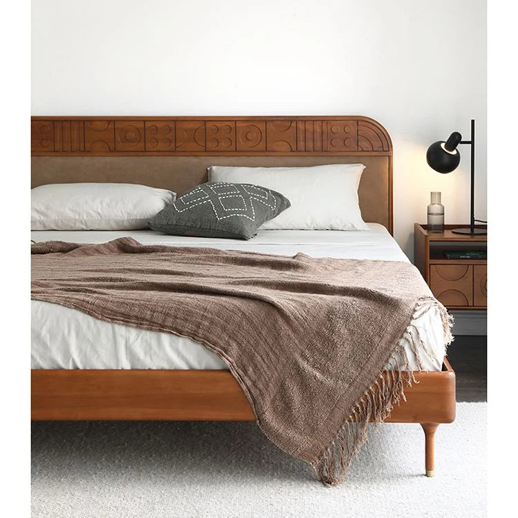 無垢材エアレザー使用モダンベッド|レッドサンダルウッド仕上げ|スタイリッシュで快適な寝室づくりに最適 hsxz-2156
