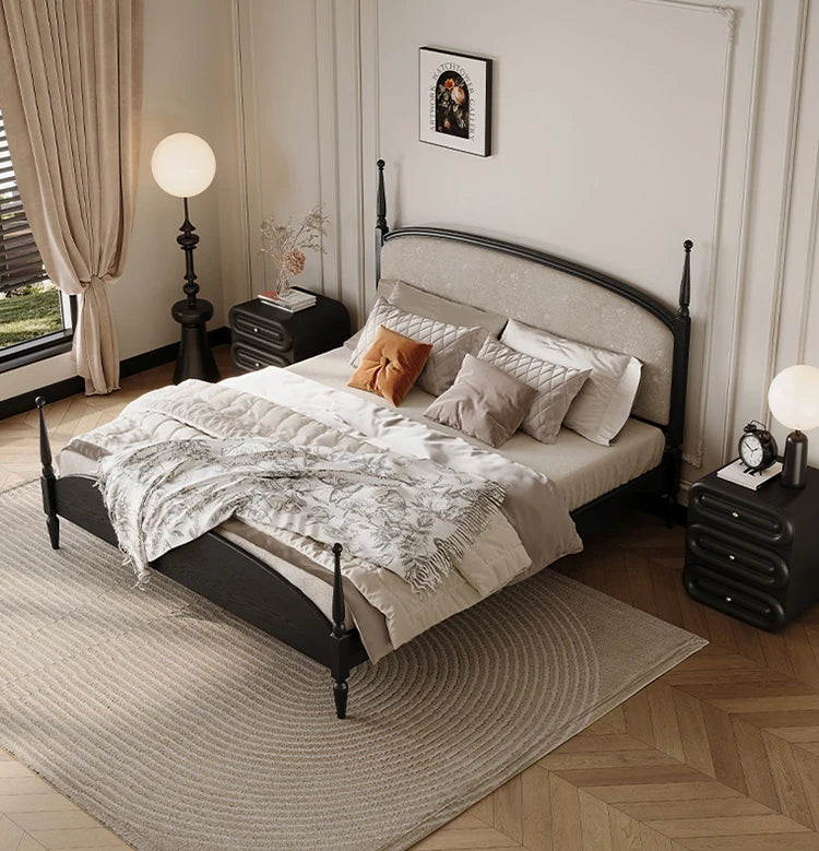 スタイリッシュな綿麻アッシュ材ベッド | 多層板とケヤキの高品質デザイン | 寝室を彩るモダンインテリア hsxz-2168