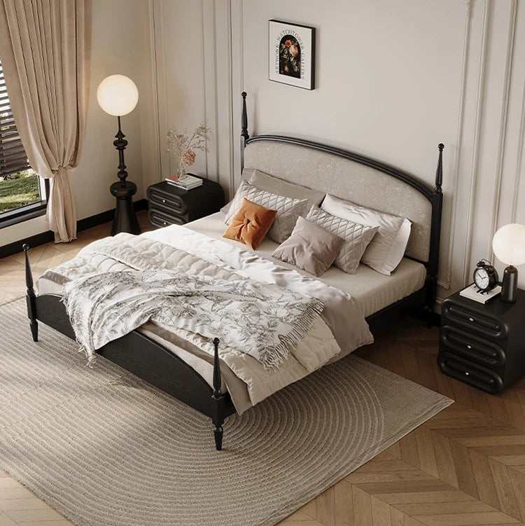 スタイリッシュな綿麻アッシュ材ベッド | 多層板とケヤキの高品質デザイン | 寝室を彩るモダンインテリア hsxz-2168