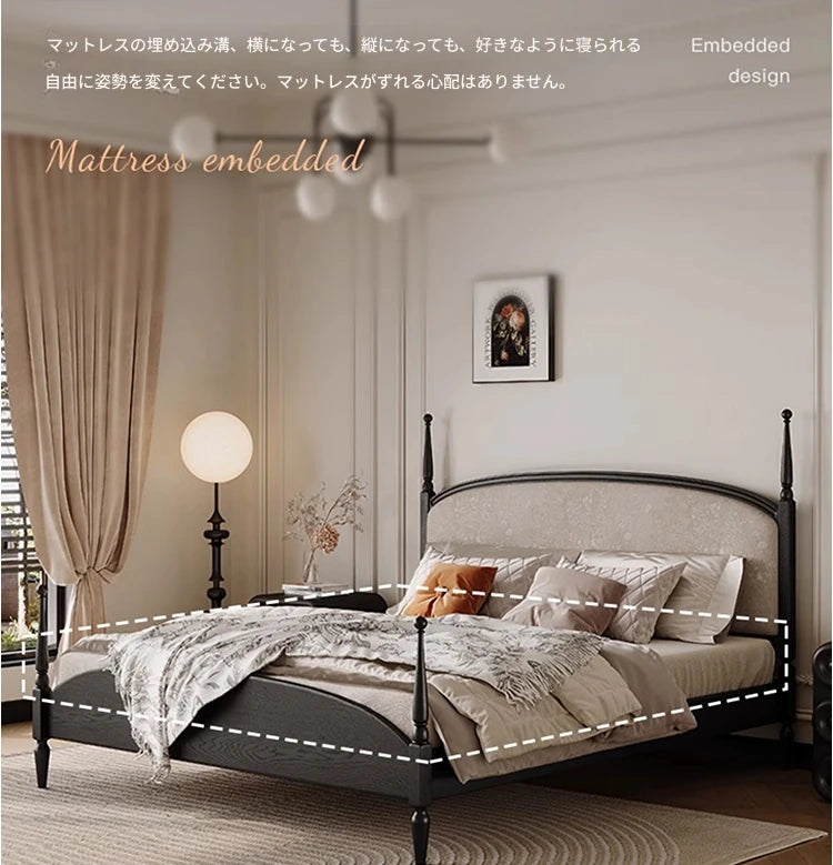 スタイリッシュな綿麻アッシュ材ベッド | 多層板とケヤキの高品質デザイン | 寝室を彩るモダンインテリア hsxz-2168