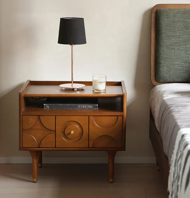 無垢材製 ナイトテーブル おしゃれなデザイン 収納付き ベッドサイドテーブル 多層板・密度繊維板使用 hsxz-2170