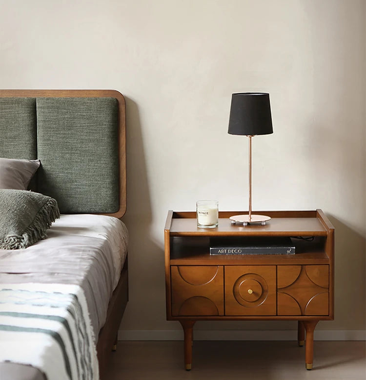 無垢材製 ナイトテーブル おしゃれなデザイン 収納付き ベッドサイドテーブル 多層板・密度繊維板使用 hsxz-2170