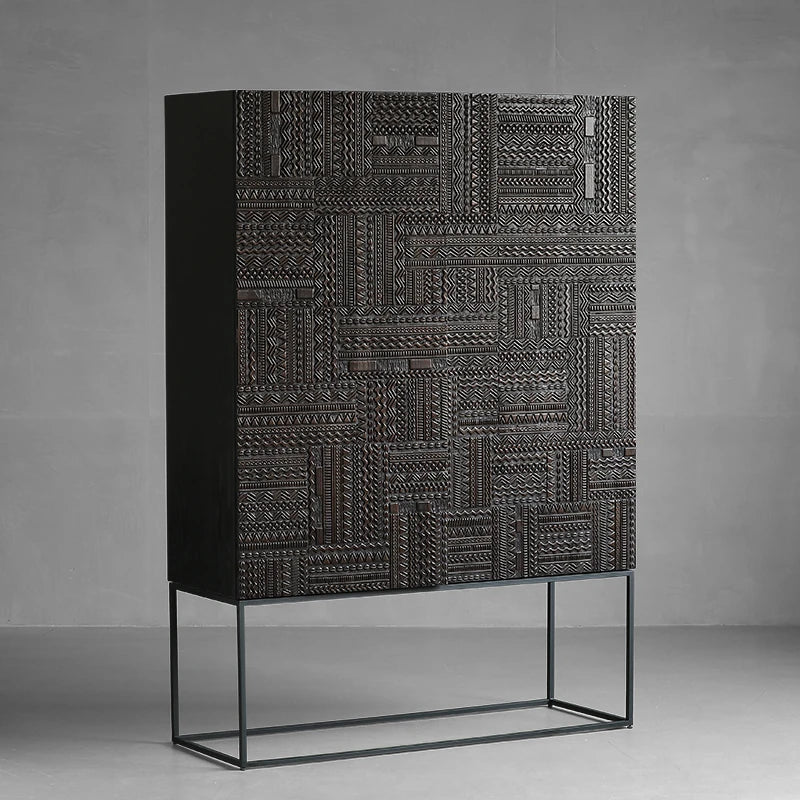 オークとチークのアイアンキャビネット - アンティーク調デザイン、モダンインテリアに最適! hsxz-2189