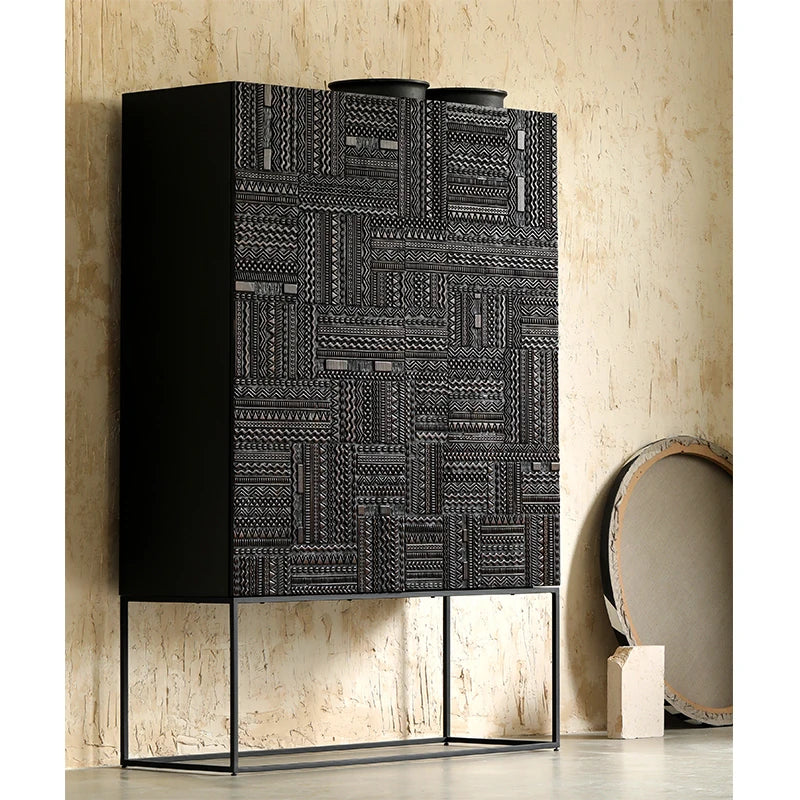 オークとチークのアイアンキャビネット - アンティーク調デザイン、モダンインテリアに最適! hsxz-2189